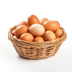 Eggs in the wooden basket isolated on the white background