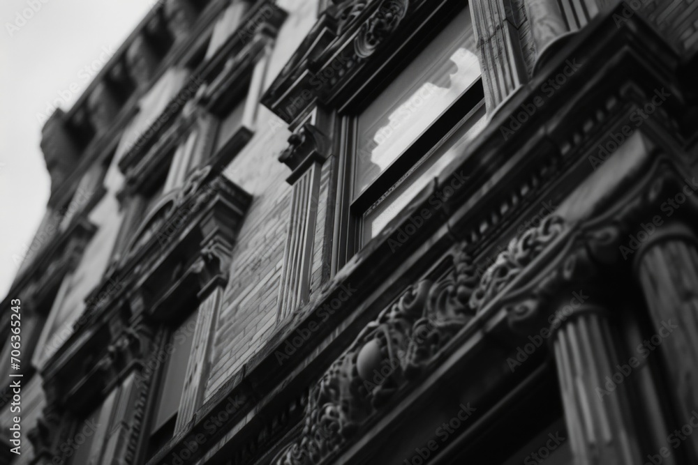 Poster a black and white photo of a clock on a building. suitable for various projects and designs