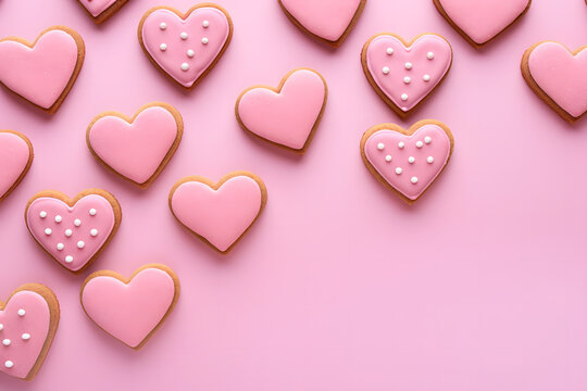 Pink heart shaped cookies on pink background