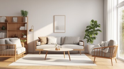 Obraz premium Modern scandinavian living room with design furniture and big glasses
