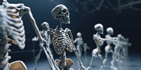 A group of skeletons standing side by side. This image can be used for Halloween decorations or to depict a spooky scene