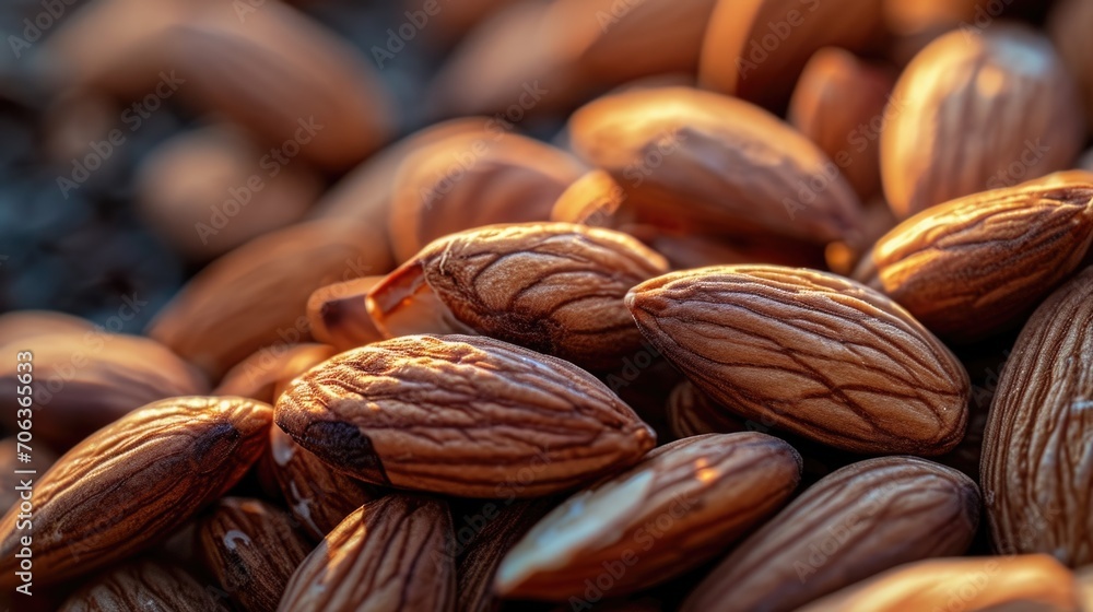 Poster a pile of almonds stacked on top of each other. can be used to showcase healthy snacks or for recipe