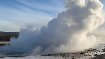 Double eruption of a geyser in Iceland. Eruption of Strokkur geyser. One of the most famous geysers in Iceland.