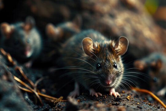 A mouse is pictured sitting on a pile of dirt. This image can be used to represent small creatures in their natural habitats