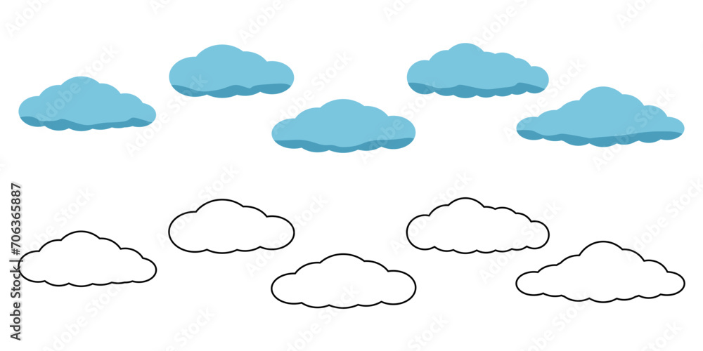 Wall mural simple clouds collection – minimalist blue clouds with 3d effect and black outline-only clouds