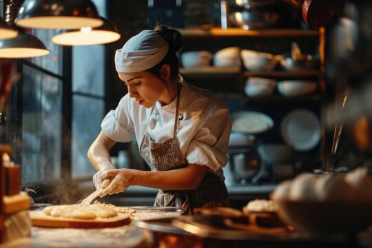 A woman is seen in a kitchen preparing food on a table. This image can be used to depict cooking, meal preparation, or home cooking
