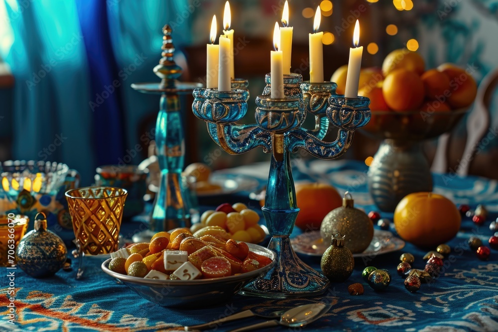 Poster A table adorned with a bowl of fresh fruit and elegant candles. Perfect for adding a touch of sophistication to any dining or event setting