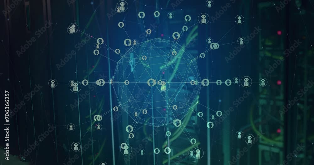 Poster animation of globe with connections and ai icons over computer servers
