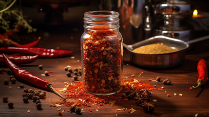 Chilli pepper flakes in a glass shaker with whole red chilli