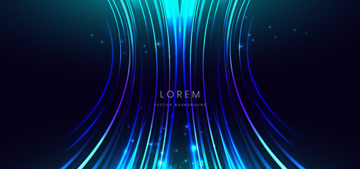 Abstract technology futuristic curved glowing neon blue light lines with speed motion moving on dark blue background.