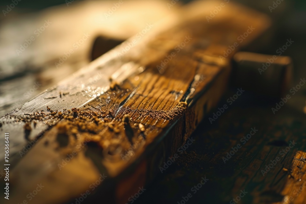 Poster a detailed view of a piece of wood placed on a table. this image can be used for various purposes