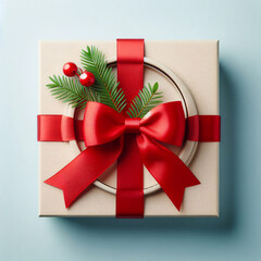Festive Elegance: Top View Gift Box with Red Bow Ribbon on Light Blue Table, Ideal Greeting Card.