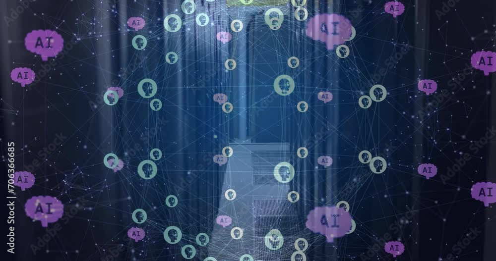Poster animation of globe with connections and ai icons over computer servers