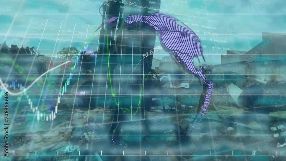 Poster animation of financial data processing over globe and cityscape