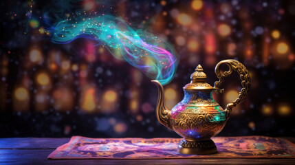 A magical genie's lamp from the tale of Aladdin, with vibrant, mystical smoke rising against a sparkling, bokeh background.