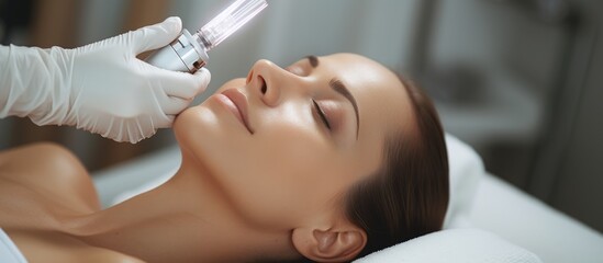 Beautician using Dermapen for fractional microneedle mesotherapy in salon. Blurred focus. - obrazy, fototapety, plakaty