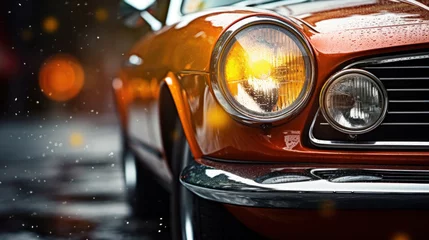 Küchenrückwand glas motiv Detail of a vintage car's headlight shining brightly on a rainy day, highlighting classic automotive design and weather elements. © tashechka