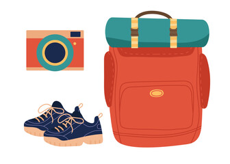 Camping set. Backpack with sleeping mat, sneakers and camera for amateur tourist. Flat vector illustration for travel, nikes, trips tourism, voyage or vacation isolated on white background - obrazy, fototapety, plakaty