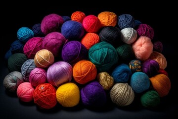 Assorted vibrant wool balls arranged on a dark surface, showcasing various types of yarn and colors. Generative AI