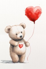 Cute teddy bear with red heart balloon on white. Valentine's day card, hand drawing style