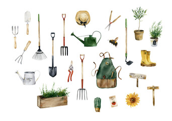Set of gardening tools. Hand drawn watercolor illustrations isolated. Garden equipment, supplies, clothes, plants in pots, bees, sunflower, gardening elements collection for decoration, logo design