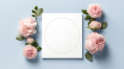 A mock-up of a blank greeting card surrounded by delicate pink flowers on a soft blue background, perfect for invitations or announcements.