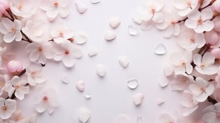 A serene frame composed of cherry blossom branches and petals on a clean white background, offering a springtime atmosphere.