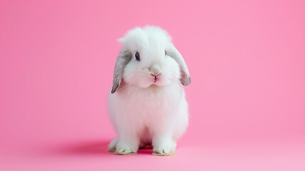 Front view of white rabbit , pink background