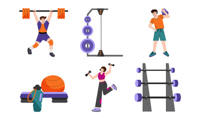 Sports set. People do sports, work out in the gym.