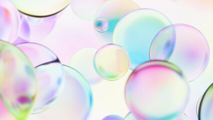 透明感のあるカラフルな球の3D背景。シャボン玉。幻想的な背景。
