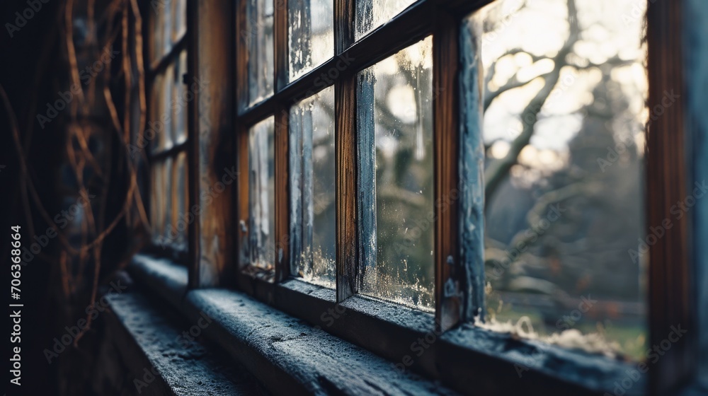 Aufkleber Close-up shot of a window with a tree in the background. Versatile image suitable for various uses