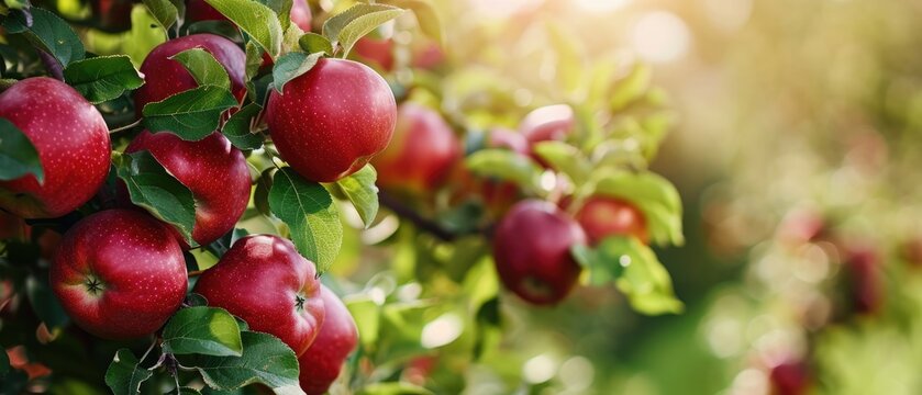 Fresh organic red apples ripe growing on branches with green leaves in sunny fruiting garden