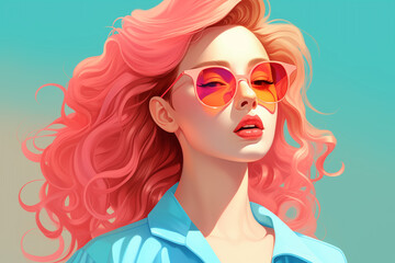 Young woman with sunglasses. Portrait of a stylish young girl with blond hair in glasses over neon light background at disco party. an elegant blonde woman wearing sunglasses
