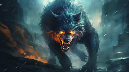  Mystical scandinavian beast wolf Fenrir - obrazy, fototapety, plakaty