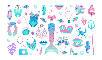 A large set of elements for a mermaid. Marine fashion attributes for a girl. Tail, swimsuit, trident, pearl, fish, Wig.