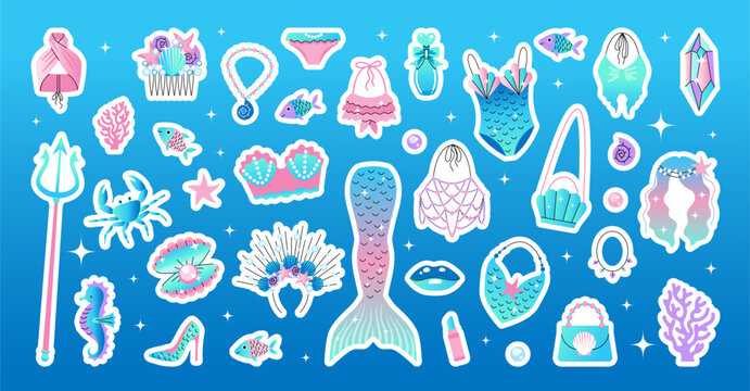 A large set of elements for a mermaid. Marine fashion attributes for a girl. Tail, swimsuit, trident, pearl, fish, Wig.