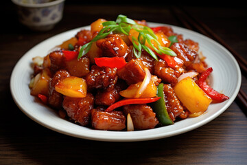 Succulent sweet and sour pork with colorful bell peppers and pineapple.