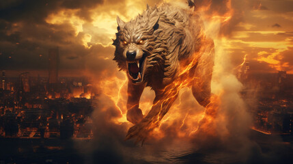 Mystical scandinavian beast wolf Fenrir destroyin