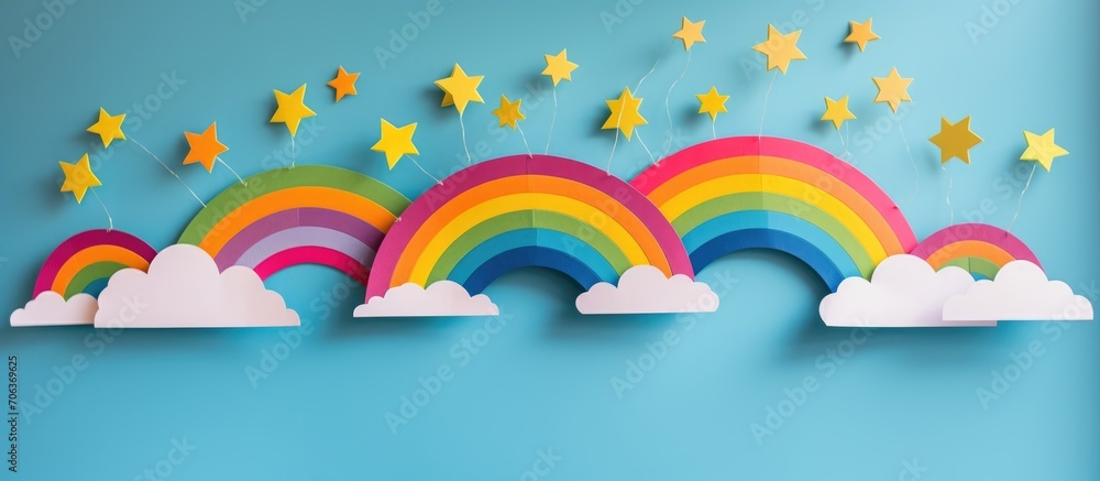 Poster guide on creating a paper rainbow with sun and clouds. step-by-step instructions for kids.