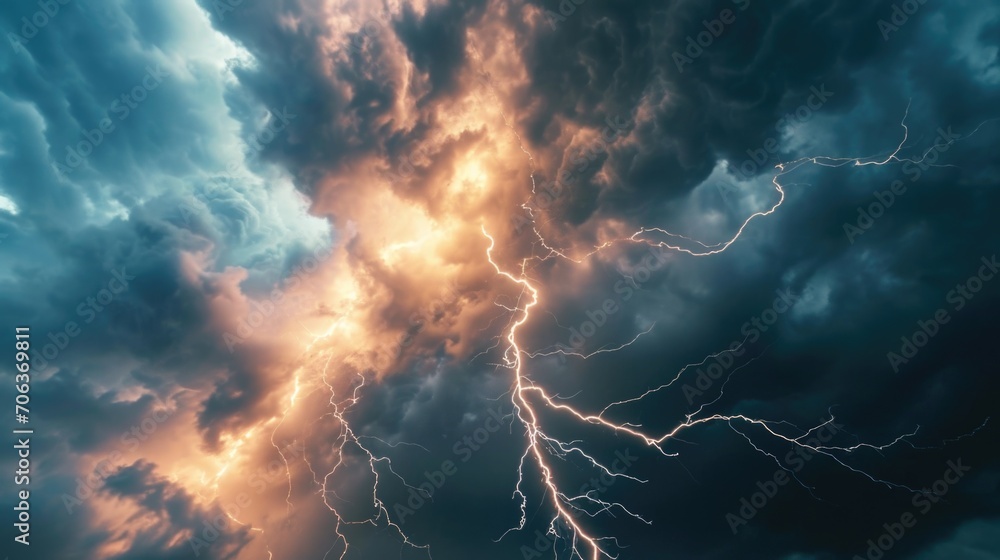 Poster A powerful lightning bolt pierces through the clouds. Ideal for illustrating the force and intensity of a thunderstorm.