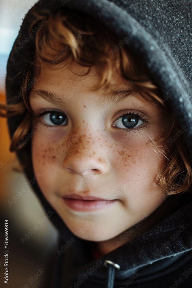 Poster A close-up image of a child wearing a hoodie. This versatile picture can be used in various contexts