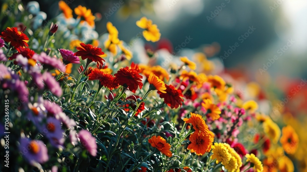 Aufkleber A vibrant field of colorful flowers with a soft, blurred background. Perfect for adding a pop of color to any design.