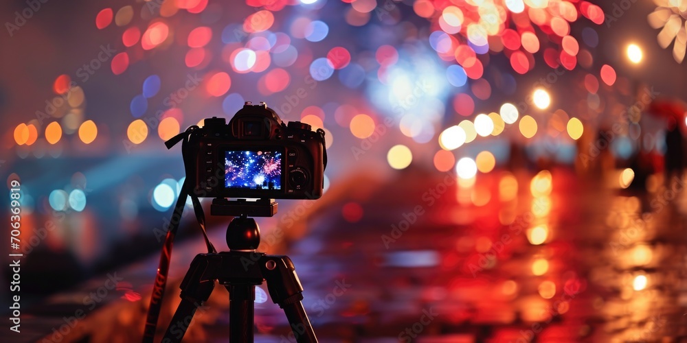 Aufkleber a camera on a tripod capturing the essence of rain. ideal for illustrating weather conditions or pho