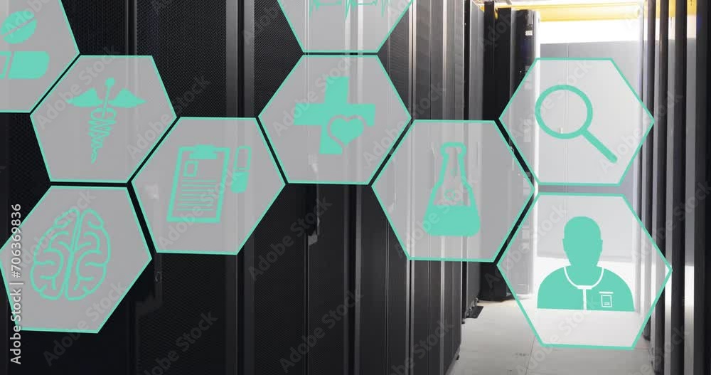 Poster animation of network of medical icons and data processing over computer servers