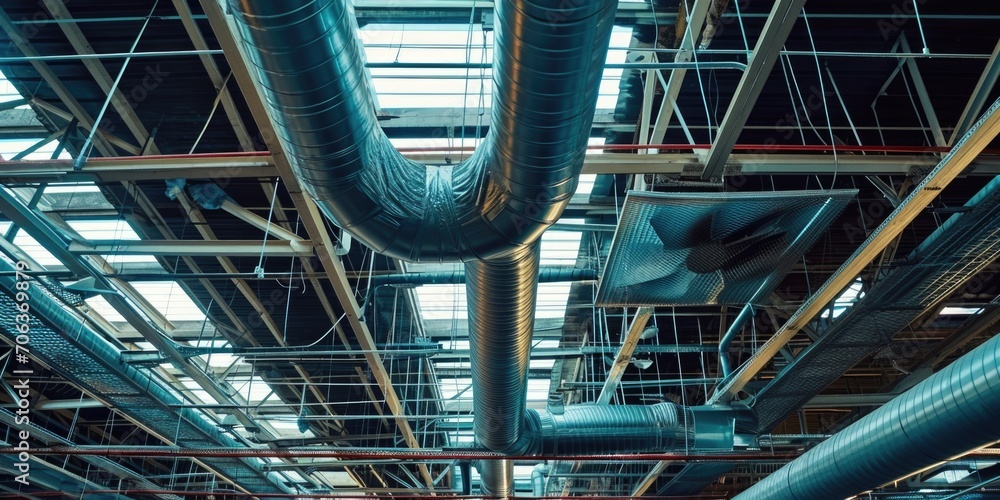 Poster a view of a large industrial building with numerous pipes. this image can be used to depict manufact