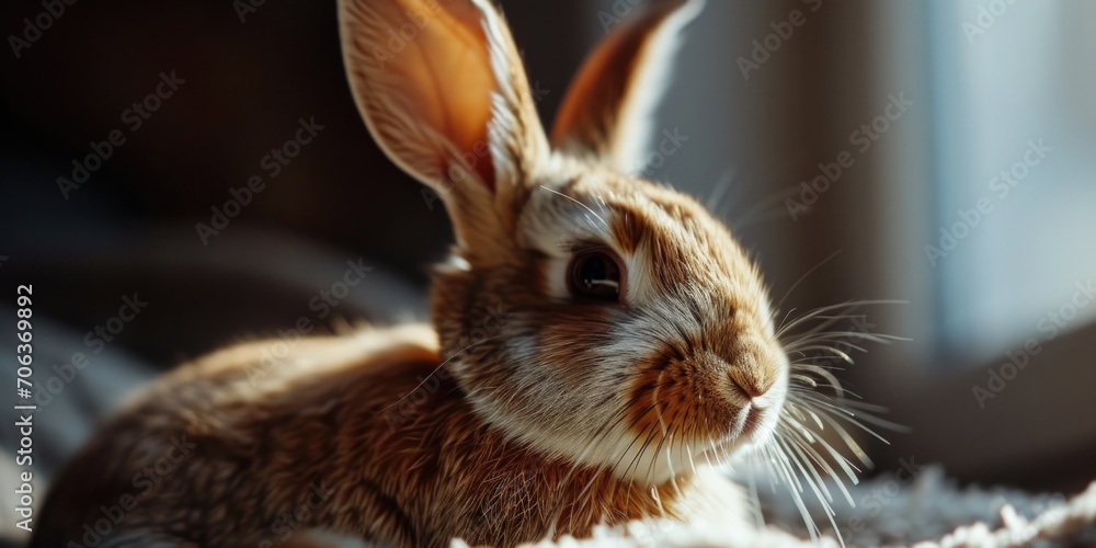 Poster A brown rabbit sits atop a white blanket. Perfect for adding a touch of cuteness to any project