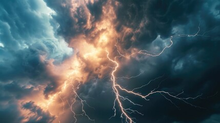 A powerful lightning bolt pierces through the clouds. Ideal for illustrating the force and intensity of a thunderstorm. - obrazy, fototapety, plakaty