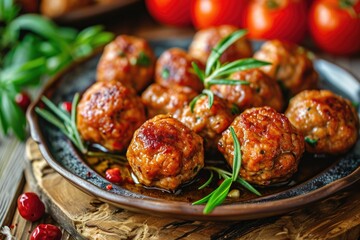 A plate of meatballs covered in sauce and garnished with rosemary. Perfect for a delicious and hearty meal. - obrazy, fototapety, plakaty