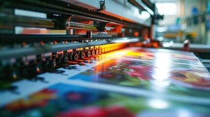 A printing machine in action, producing high-quality prints. Ideal for use in advertising, publishing, and graphic design