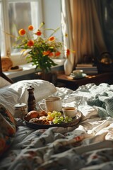 Naklejka premium A tray of food is placed on a bed next to a beautiful vase of flowers. This image can be used to depict a cozy breakfast in bed or a romantic surprise for someone special